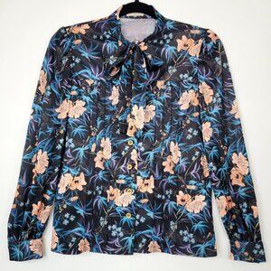 Vintage Floral Front Tie/Bow Blouse Metal Buttons Tie Neck Puff Sleeve